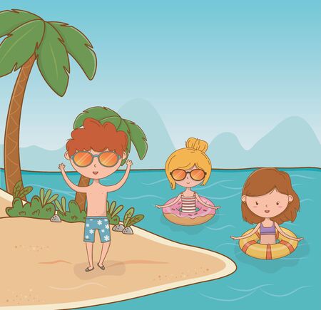 young kids on the beach scene vector illustration designのイラスト素材