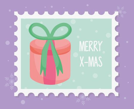 round gift box with bow merry christmas stampのイラスト素材