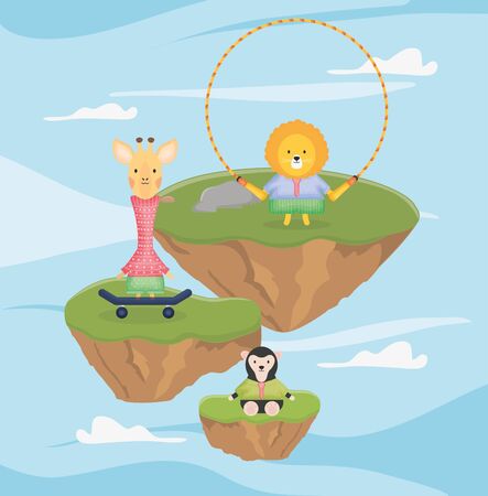 giraffe lion and female sloth bear playing fantasy fairy taleのイラスト素材