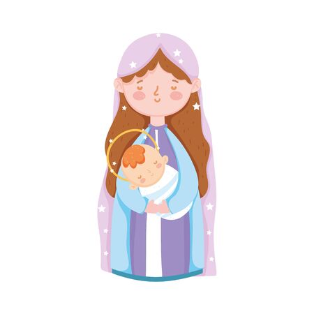 mary with baby in arms nativity, merry christmas vector illustrationのイラスト素材