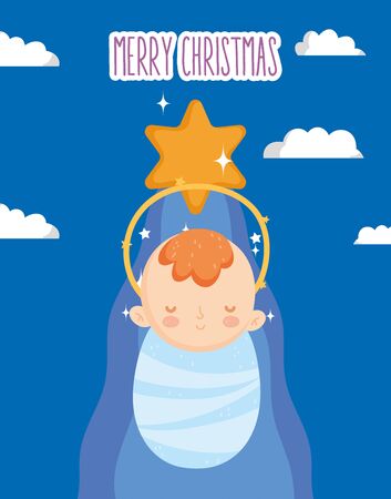 baby jesus gold star manger nativity, merry christmas vector illustrationのイラスト素材
