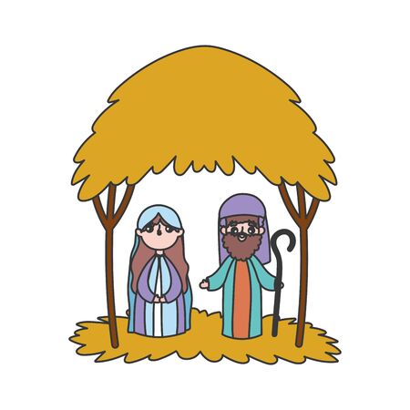 joseph and mary hut nativity, merry christmas vector illustrationのイラスト素材
