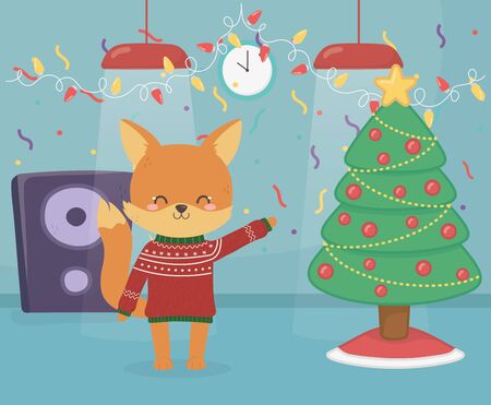 merry christmas celebration fox wearing sweater with tree speaker lamps party vector illustrationのイラスト素材