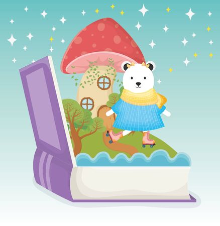 cute bear with dress and roller skate book fantasy fairy taleのイラスト素材