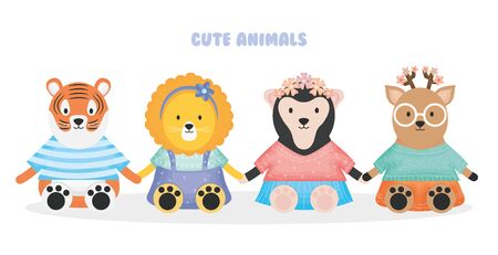 cute animals tiger lion sloth bear and deer with clothesのイラスト素材