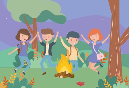 young people happy campfire nature landscapeのイラスト素材