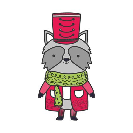 merry christmas celebration cute raccoon with hat and scarf vector illustrationのイラスト素材