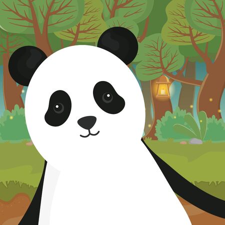 cute animal panda with lamp in the forest vector illustrationのイラスト素材