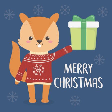 merry christmas celebration cute squirrel with sweater holding giftのイラスト素材