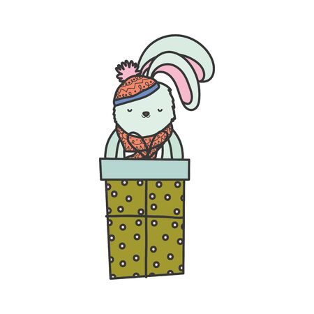 merry christmas celebration rabbit with scarf hat and big giftのイラスト素材