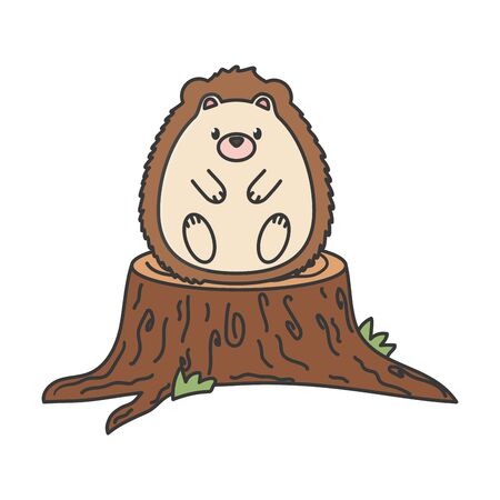 cute hedgehog on trunk autumn on white backgroundのイラスト素材
