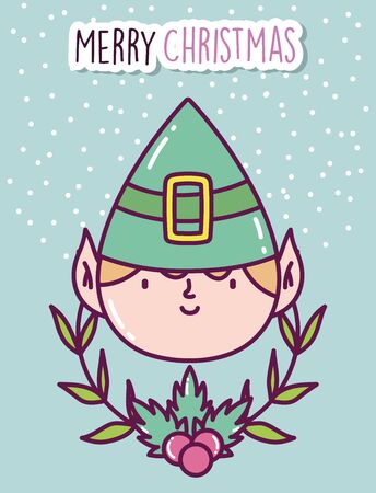 merry christmas celebration cute elf face branch holly berryのイラスト素材