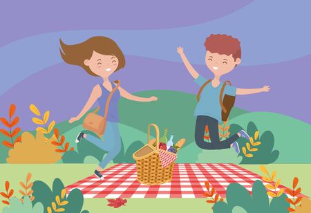 young man and woman basket picnic nature landscapeのイラスト素材