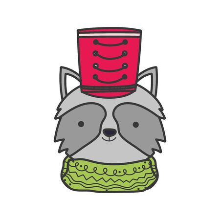 merry christmas celebration cute raccoon head with hat and scarf vector illustrationのイラスト素材
