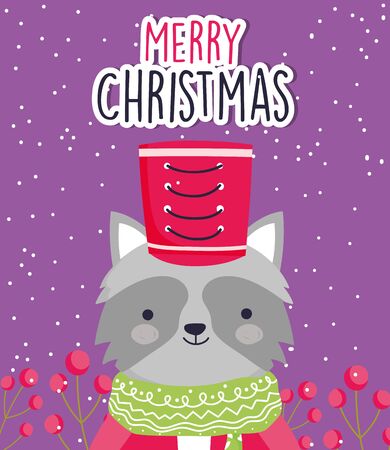 merry christmas celebration cute raccoon with hat and scarfのイラスト素材