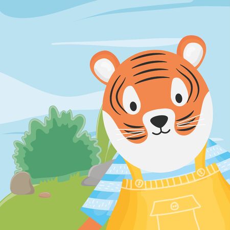 cute tiger with overalls and striped shirt fantasy fairy tale vector illustrationのイラスト素材
