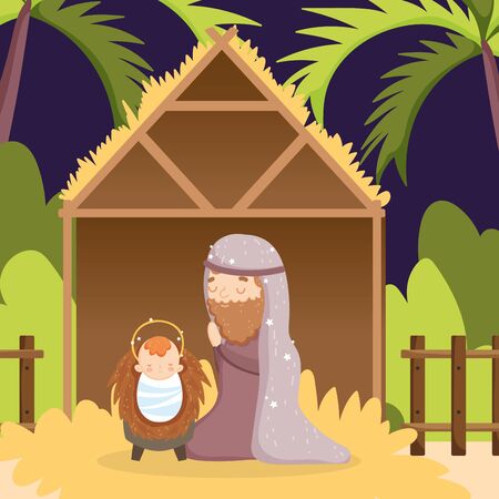 joseph with baby jesus hut manger nativity, merry christmasのイラスト素材