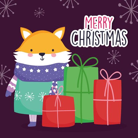merry christmas celebration cute fox wearing scarf and sweater gift boxes snowflakes vector illustrationのイラスト素材