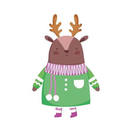 merry christmas celebration cute deer with sweater and scarf vector illustrationのイラスト素材