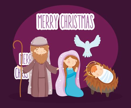 mary joseph baby and pigeon manger nativity, merry christmas vector illustrationのイラスト素材