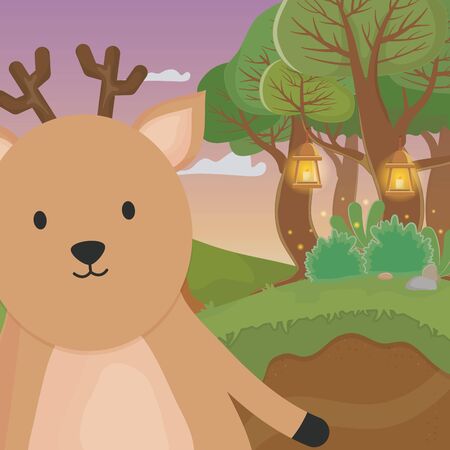 cute animal deer with lamps in the forest vector illustrationのイラスト素材