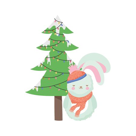 merry christmas celebration rabbit with scarf and decorative tree vector illustrationのイラスト素材