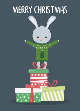 merry christmas celebration cute rabbit with sweater standing on giftsのイラスト素材