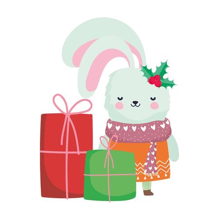 merry christmas cute rabbit with scarf sweater and gift boxes celebration vector illustrationのイラスト素材