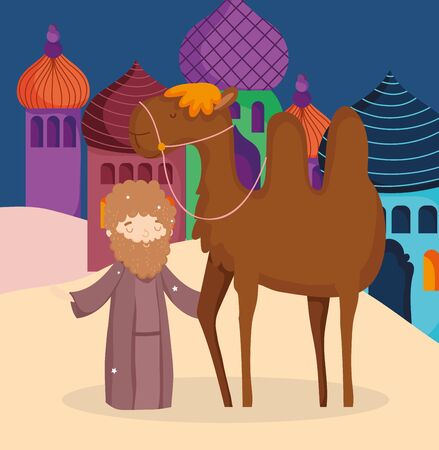Man with camel desert nativity, merry christmas vector illustrationのイラスト素材