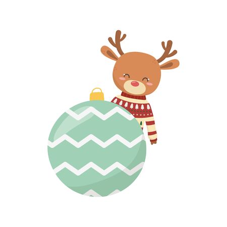 merry christmas celebration cute deer with sweater and ball decoration vector illustrationのイラスト素材