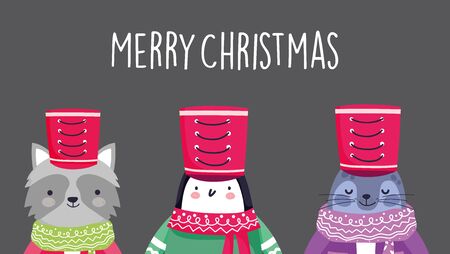 merry christmas celebration raccoon penguin and monk seal with hat scarfのイラスト素材