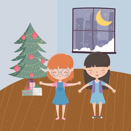girls with tree gifts window moon snow living room celebration merry christmasのイラスト素材