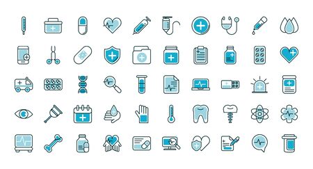 healthcare equipment medical icons set line fillのイラスト素材