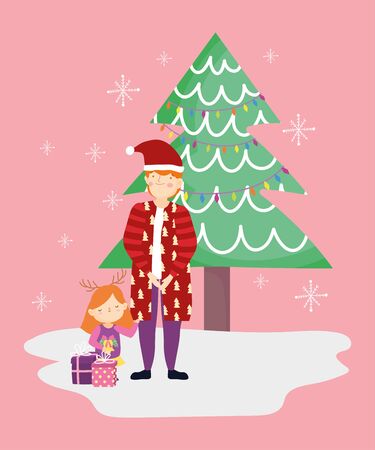 dad and daughter with gifts tree merry christmas, happy new yearのイラスト素材