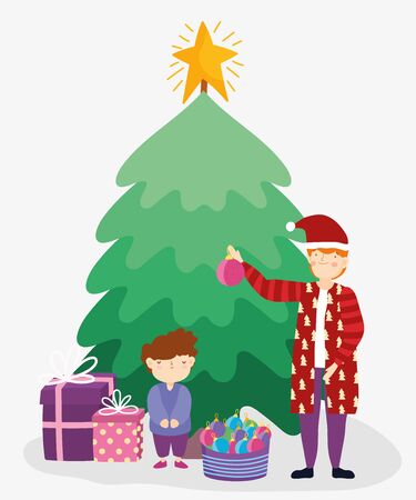 dad and son with gifts and tree merry christmas, happy new yearのイラスト素材