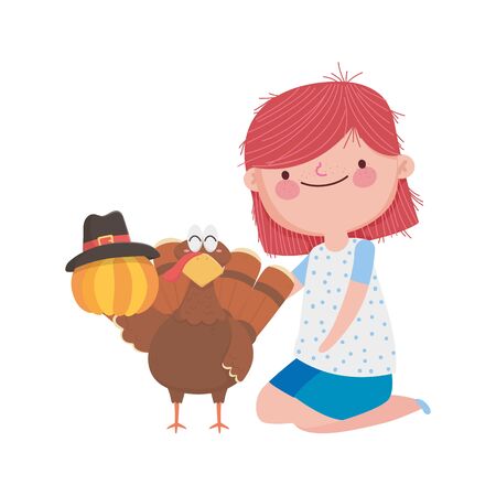 happy thanksgiving day girl turkey pumpkin with hatのイラスト素材