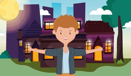 smiling young man standing front country homeのイラスト素材