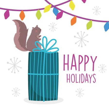 merry christmas celebration squirrel gift lights snowflakesのイラスト素材
