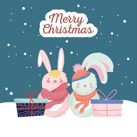 happy new year 2020 celebration cute rabbits with scarf gifts snow vector illustrationのイラスト素材