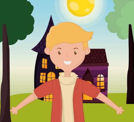 smiling young man standing front country homeのイラスト素材