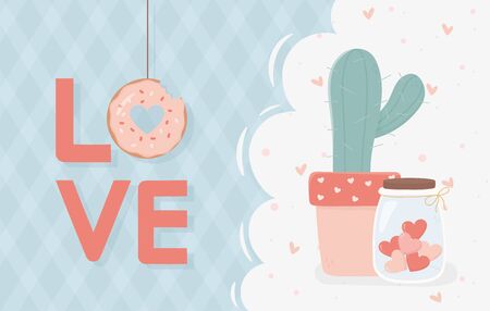happy valentines day lettering love donut cactus jar with heartsのイラスト素材