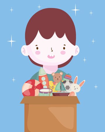 happy boy with box many toys vector illustrationのイラスト素材