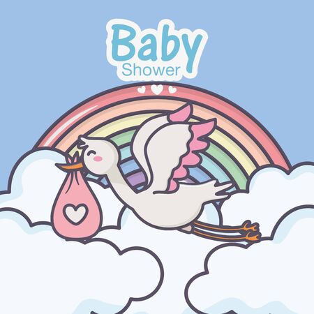 baby shower stork diaper pink rainbow cloudsのイラスト素材