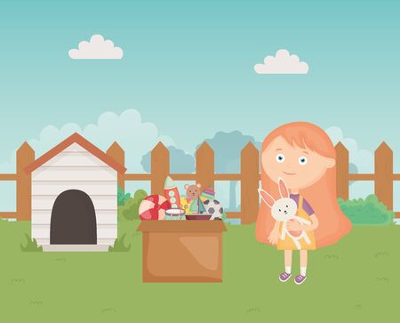 cute girl with toys box and dog house in the backyardのイラスト素材