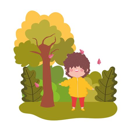 cute little boy in the park tree leaves fall seasonのイラスト素材