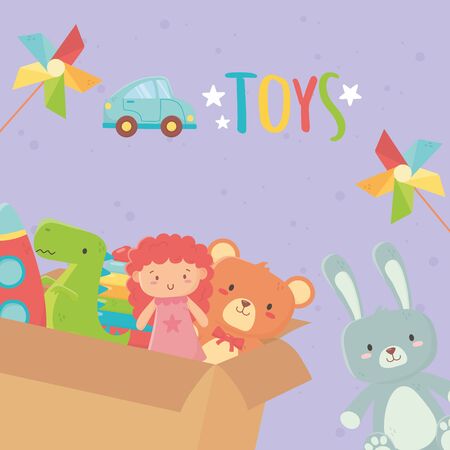toys cardboard box with doll bear rabbit wind game car lettering vector illustrationのイラスト素材