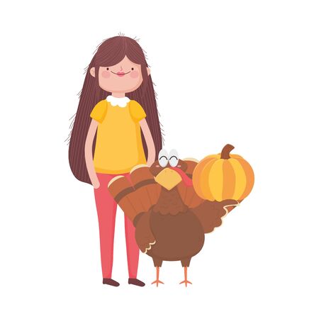 happy thanksgiving day woman with turkey and pumpkin vector illustrationのイラスト素材