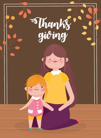 happy thanksgiving day mother and daughter wooden floor foliageのイラスト素材
