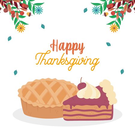 happy thanksgiving day pie and slice cake fall leavesのイラスト素材