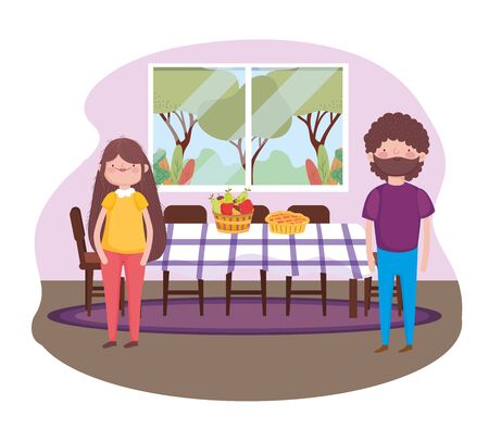 parents with cake and fruits dining room happy thanksgiving celebrationのイラスト素材